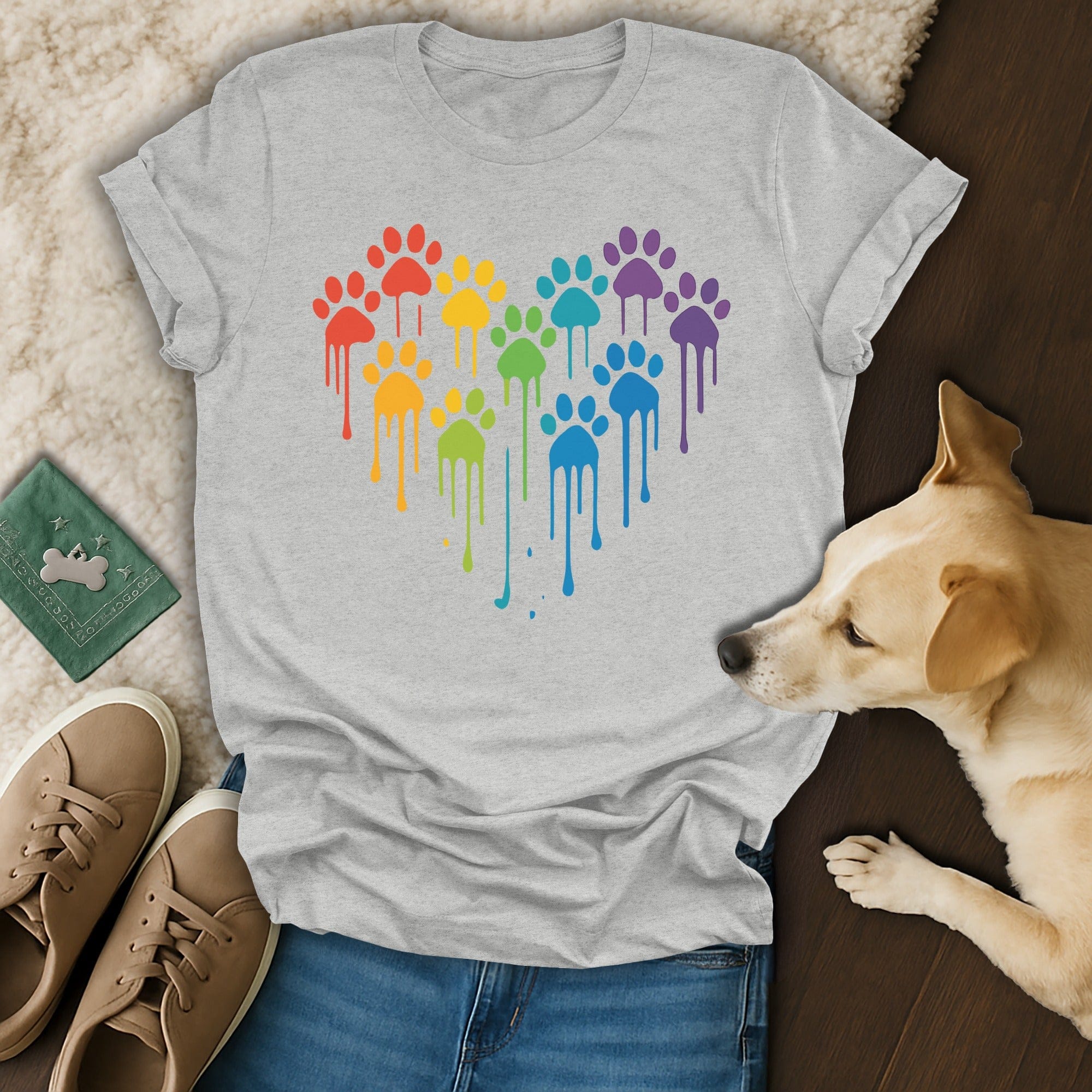 Colorful Dripping Paw Print Heart Design T-Shirt