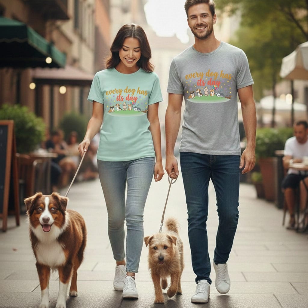 Couple walking two dogs on a street, both wearing t-shirts with dog graphics.