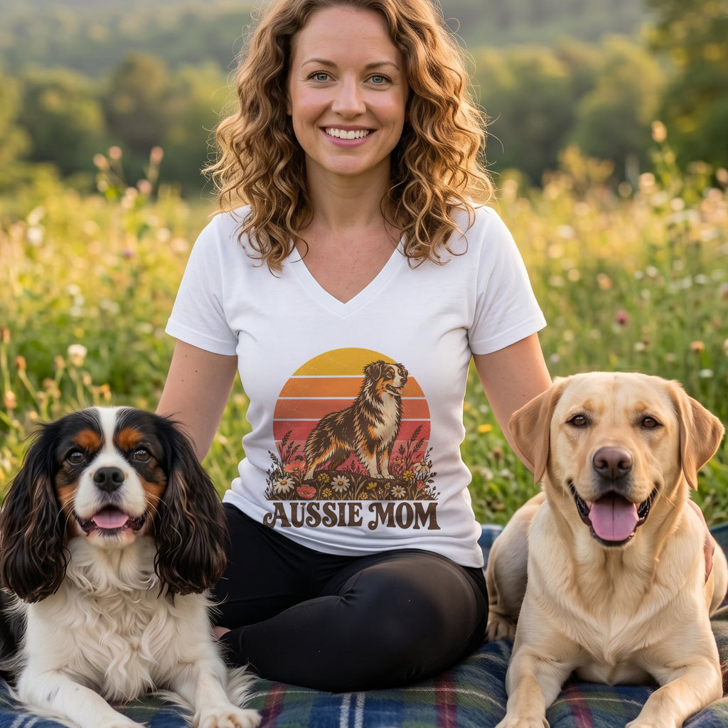 A smiling woman wearing a white graphic t-shirt sits outdoors flanked by two dogs.