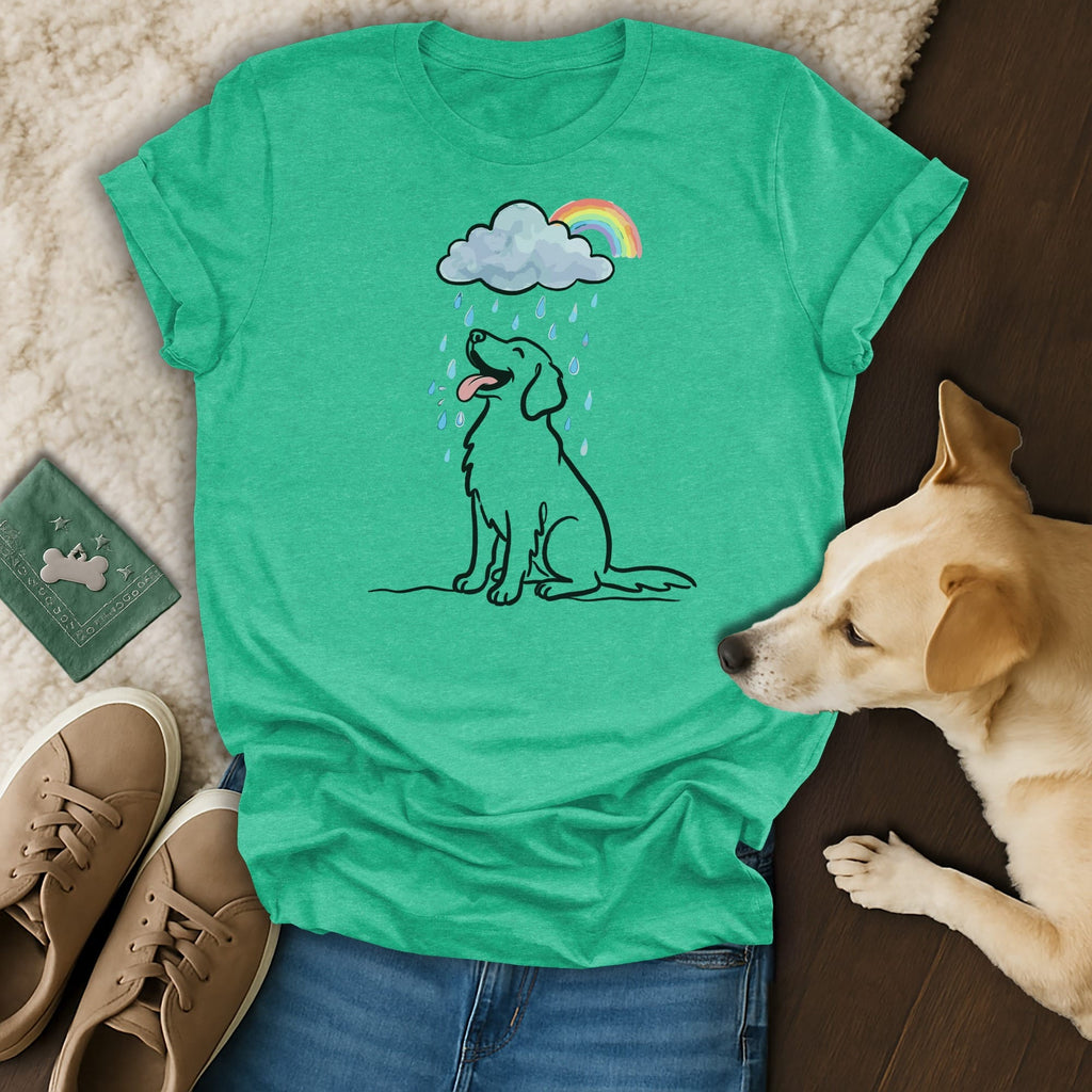 Green t-shirt with a cartoon dog sitting in the rain under a rainbow.