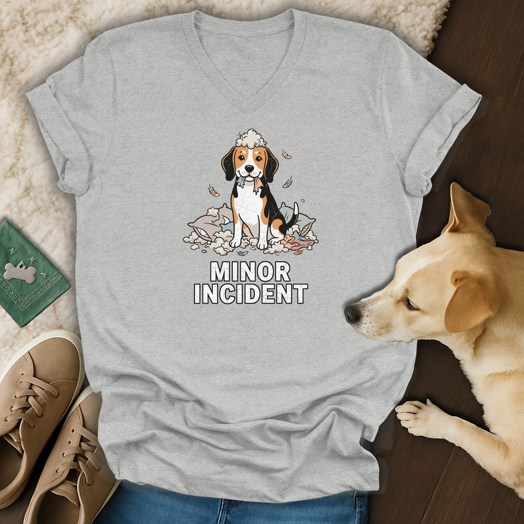 Grey v-neck shirt with cartoon beagle sitting in shredded pillows, text "MINOR INCIDENT".