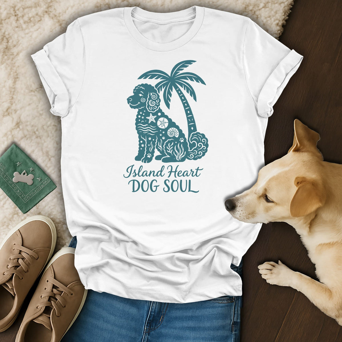 White t-shirt with a teal graphic of a dog and palm tree, text "Island Heart DOG SOUL".