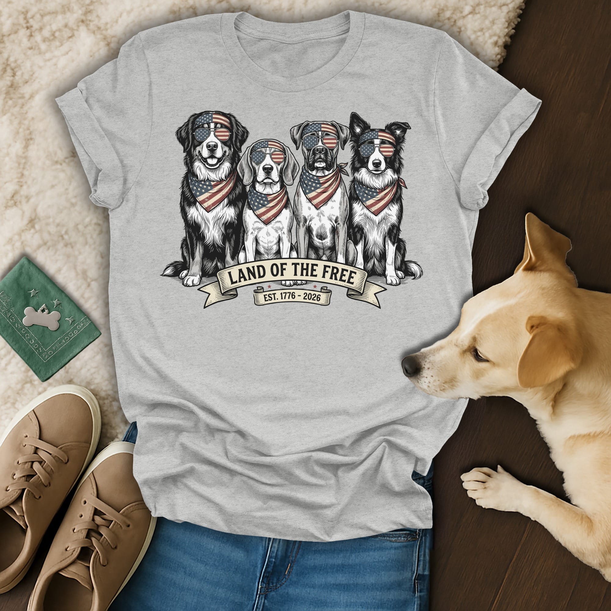 Four dogs wearing bandanas and sunglasses with "Land of the Free" text.
