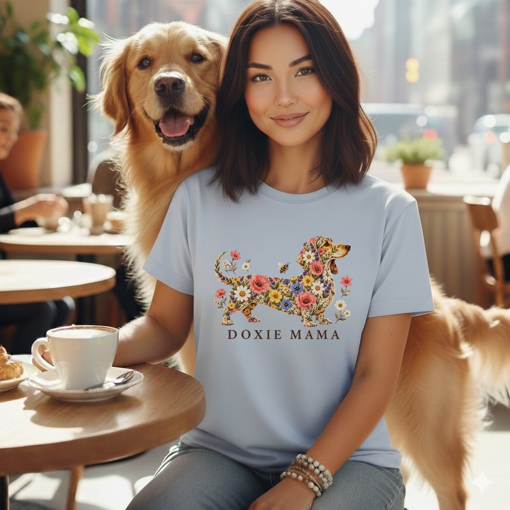 A woman wearing a light blue t-shirt with a floral dachshund graphic and the text DOXIE MAMA sits with a golden retriever at a cafe table.
