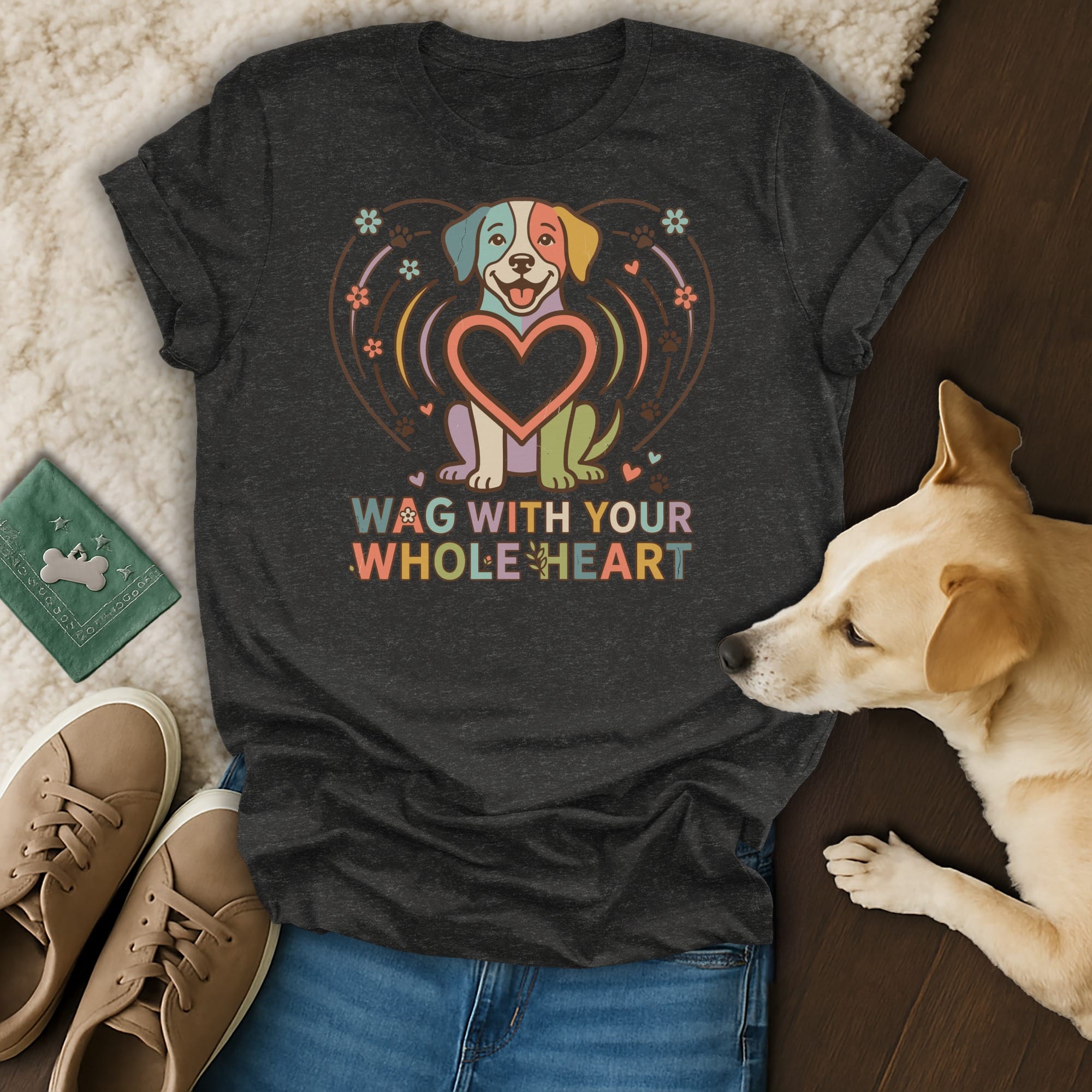 Dark grey t-shirt with a colorful dog and heart graphic and "WAG WITH YOUR WHOLE HEART" text.