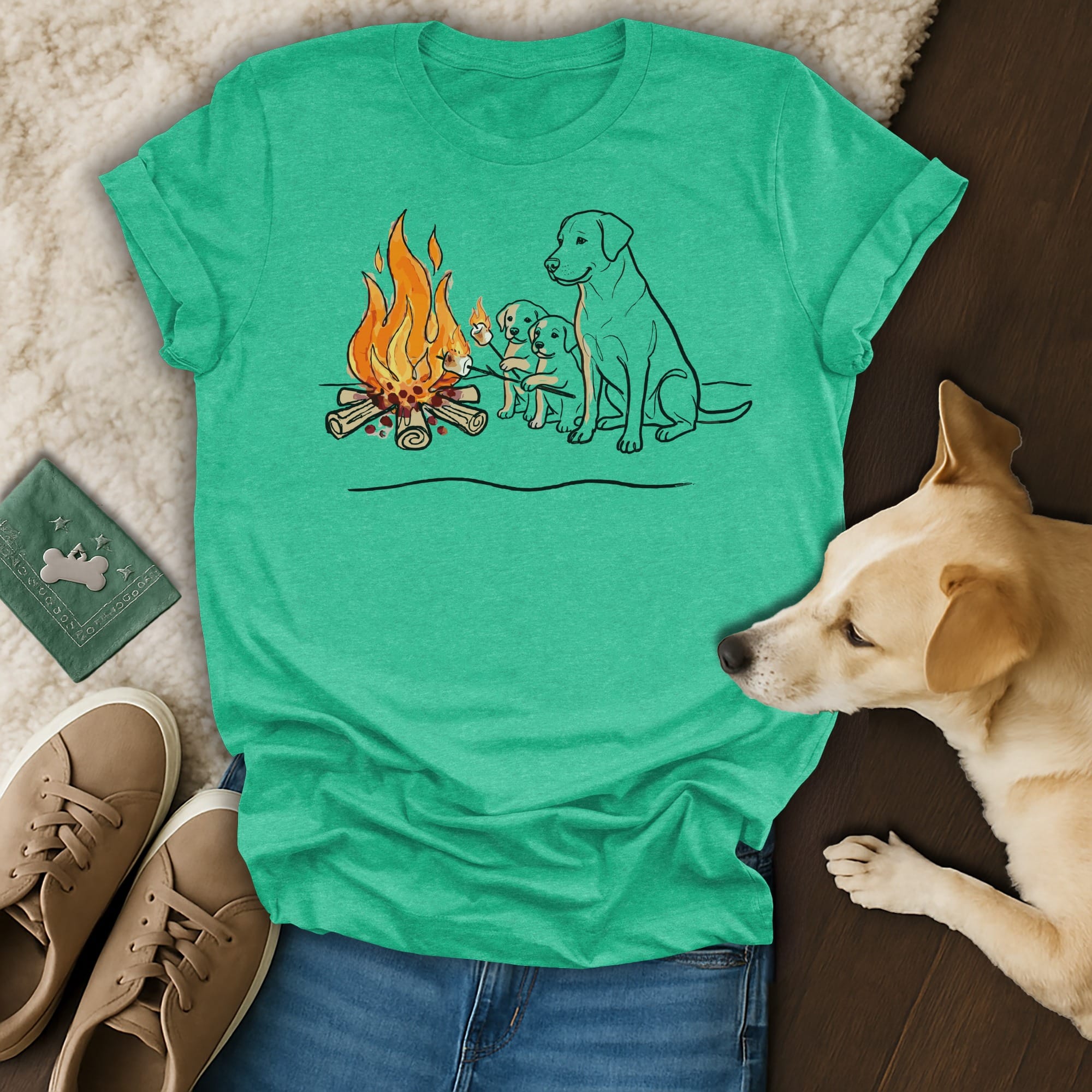 Labrador dogs and marshmallows toast by a campfire on a graphic t-shirt.
