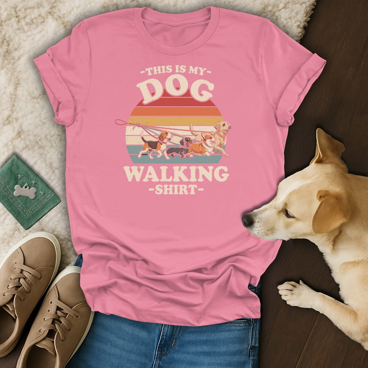 Pink t-shirt with "THIS IS MY DOG WALKING SHIRT" and dogs on leashes.