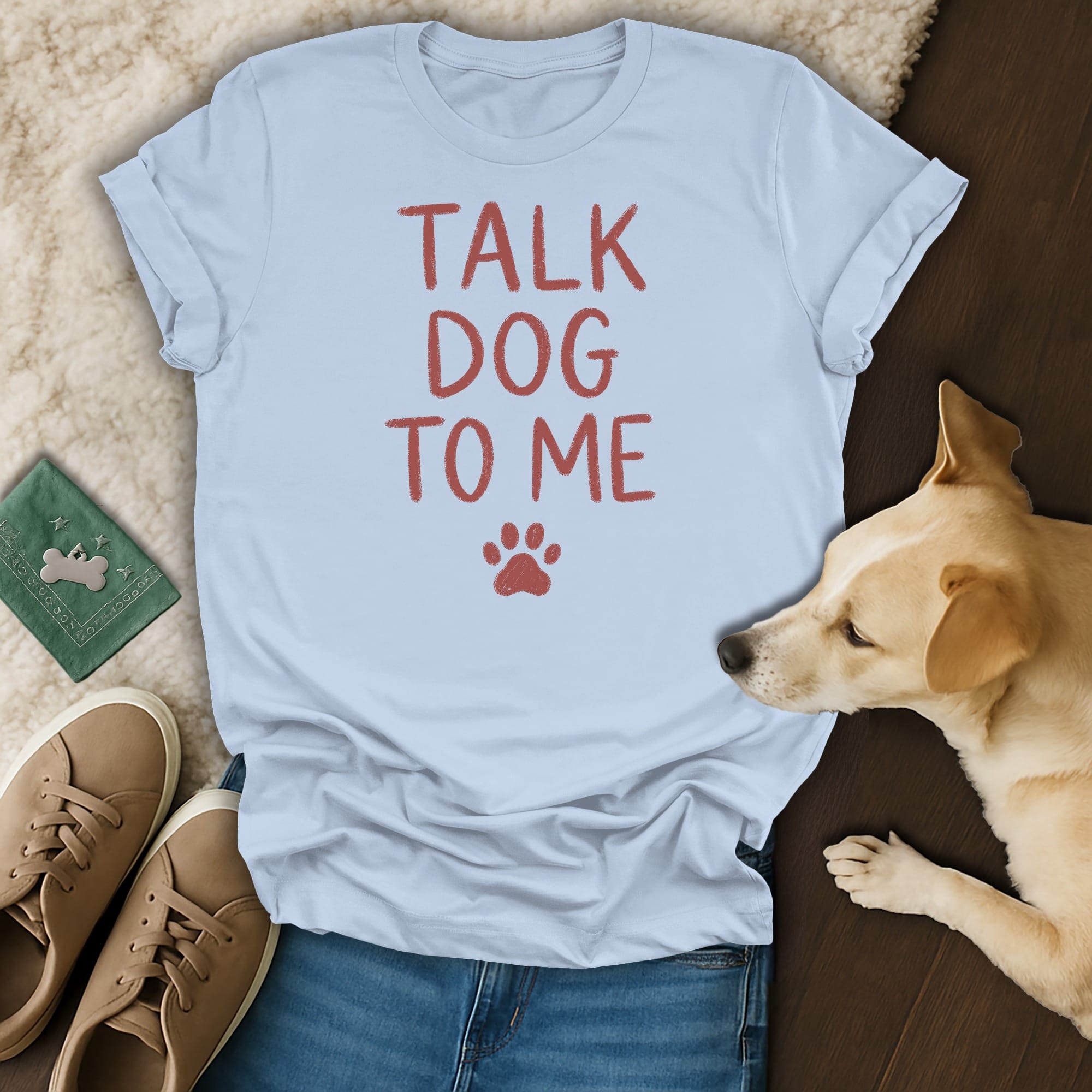 Light blue t-shirt with red text "TALK DOG TO ME" and paw print.