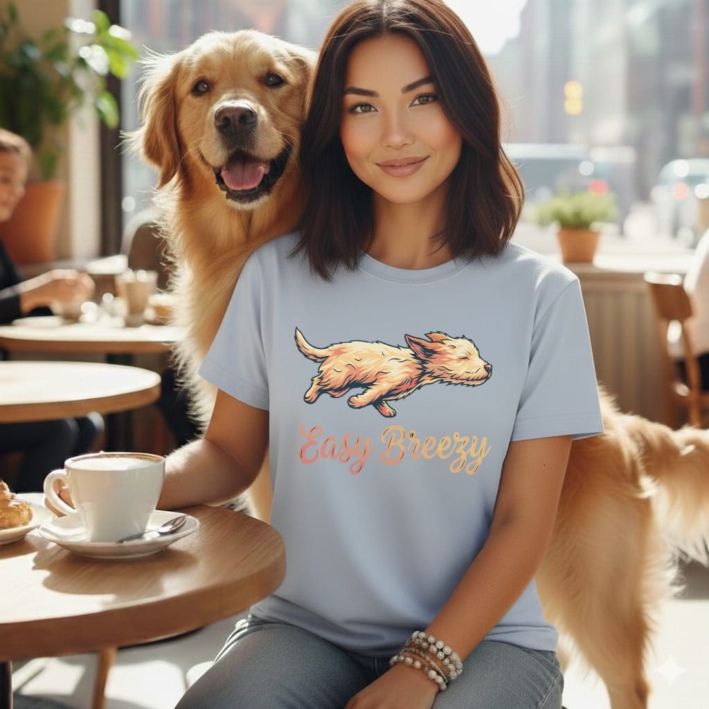 Woman with golden retriever wearing a t-shirt with "Easy Breezy" text.