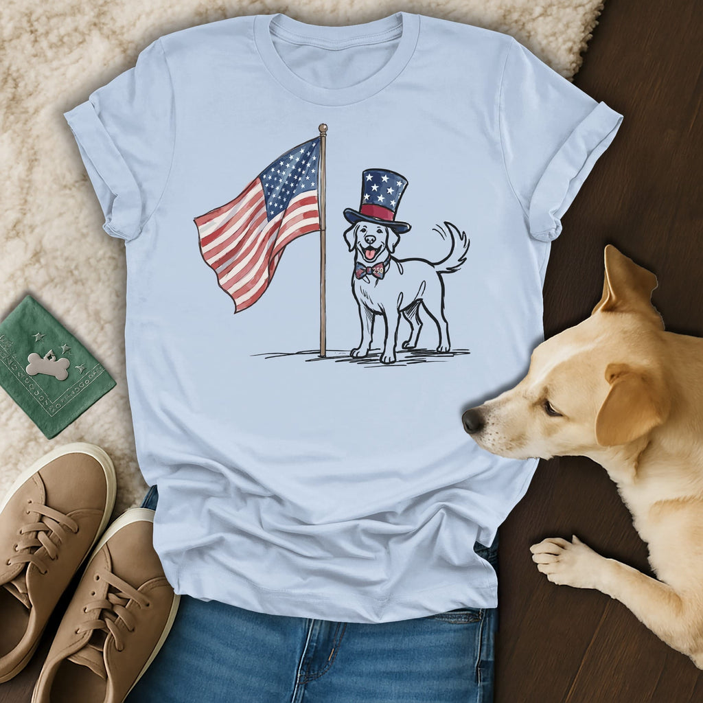 Dog wearing a top hat and bowtie, standing next to an American flag.