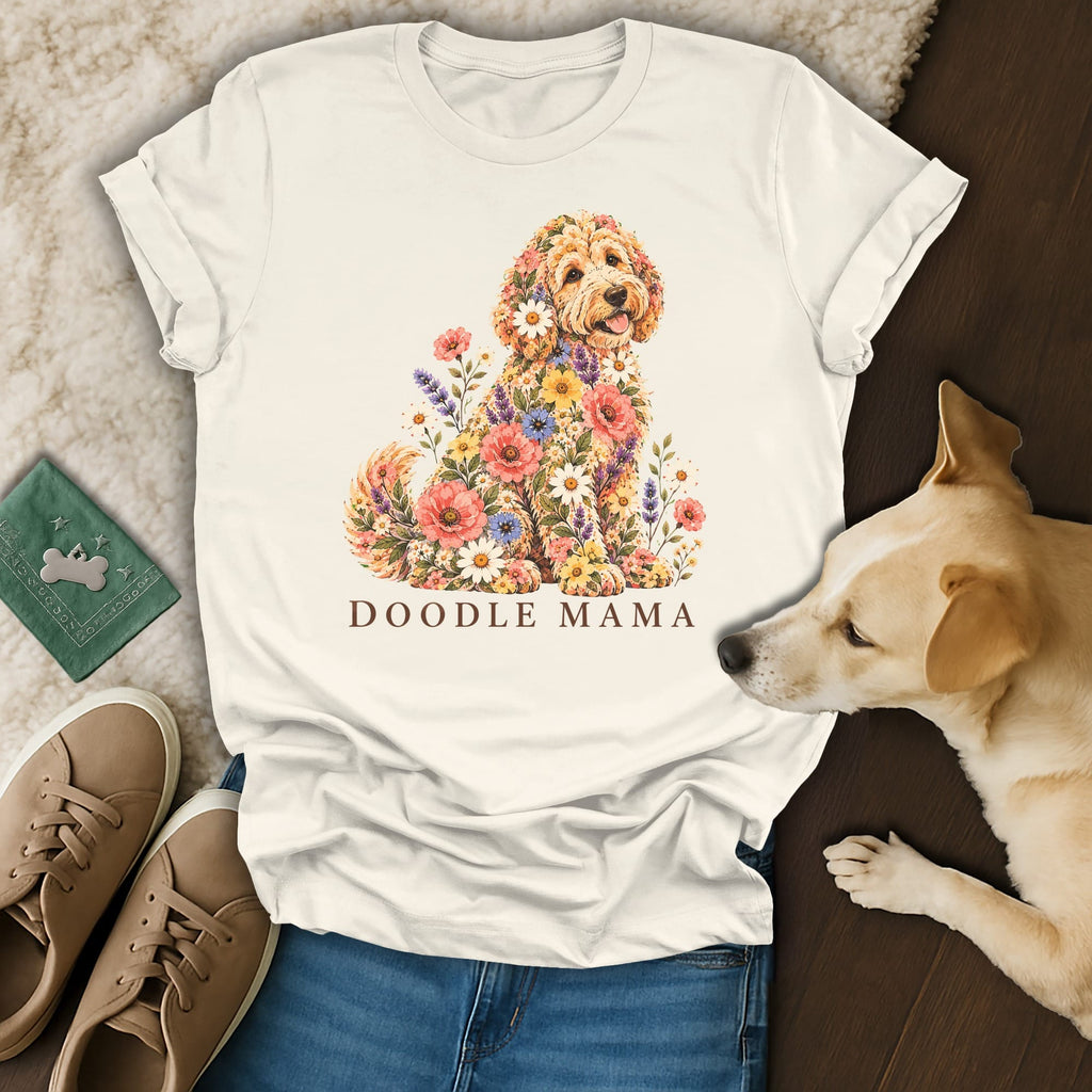 A cream-colored t-shirt with a floral doodle dog graphic and the text DOODLE MAMA.