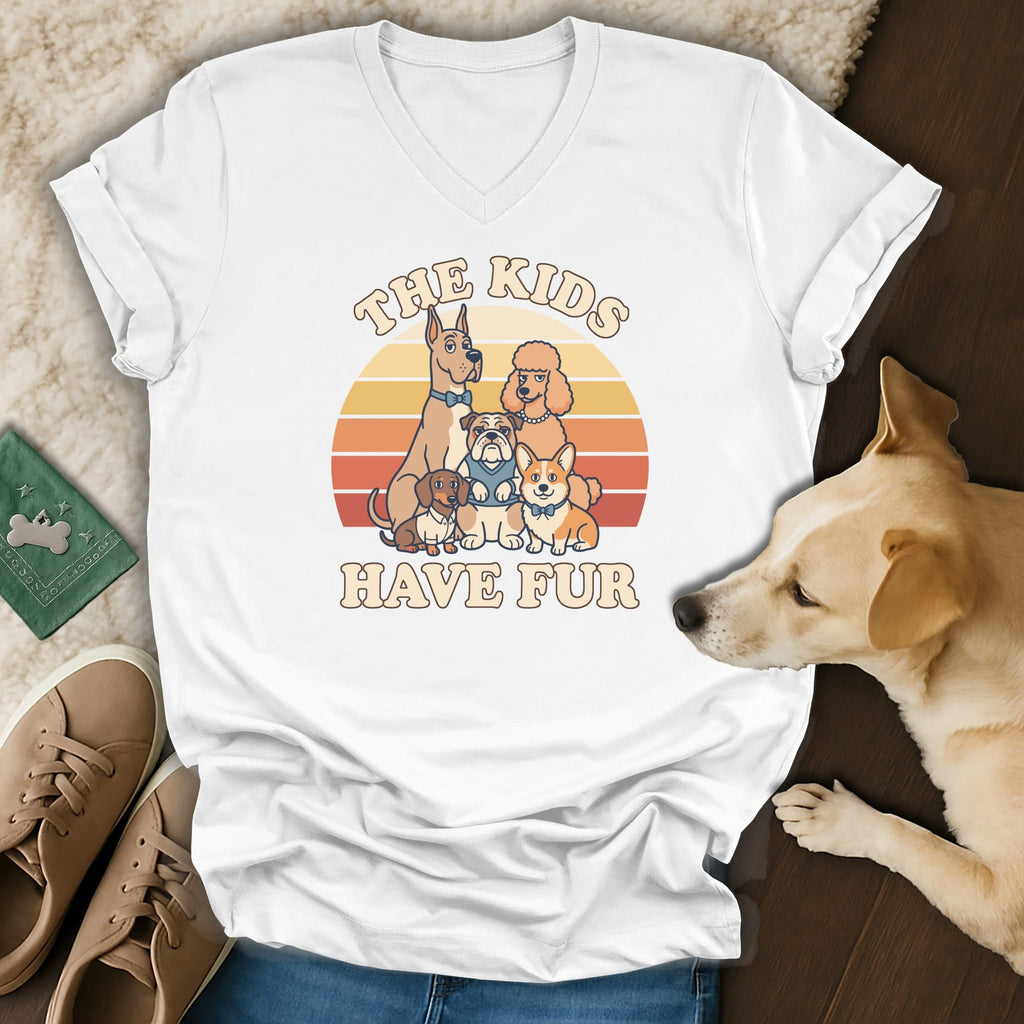 White v-neck t-shirt with retro dog graphic and text "The Kids Have Fur".