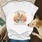 White v-neck t-shirt with retro dog graphic and text "The Kids Have Fur".