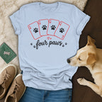 Light blue t-shirt with four ace cards featuring paw prints and "four paws" text.