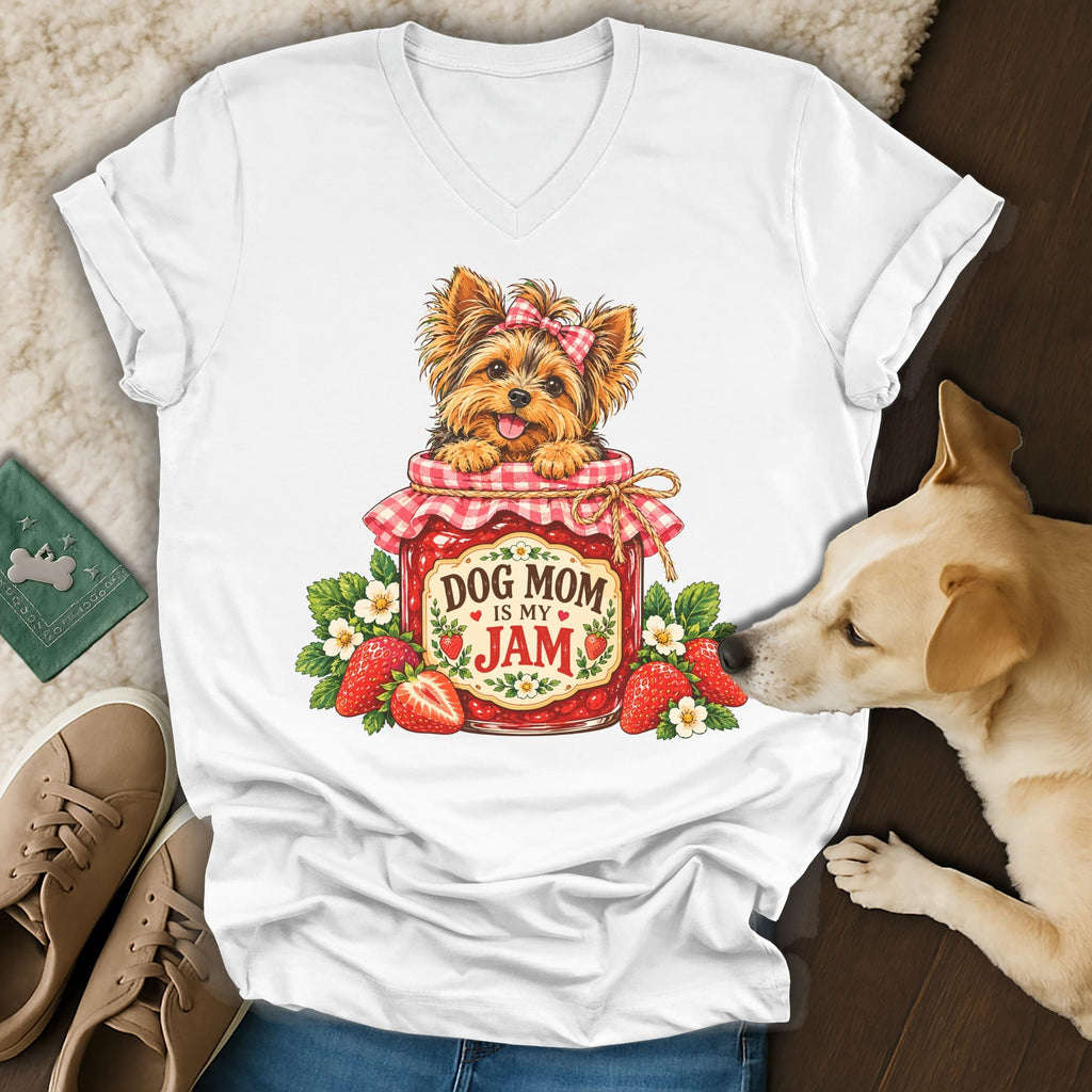 A white v-neck t-shirt featuring a graphic of a Yorkshire terrier inside a strawberry jam jar with the text Dog Mom Is My Jam.