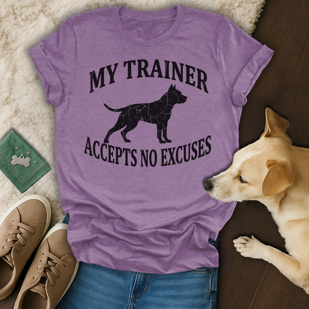 Purple t-shirt with "My Trainer Accepts No Excuses" and dog silhouette.