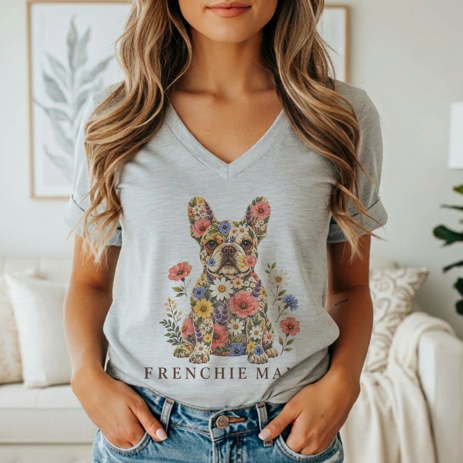 A woman wearing a gray V-neck t-shirt featuring a French bulldog covered in flowers and the text Frenchie Mama.