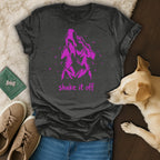 Dark grey t-shirt with a pink wolf graphic and "shake it off" text.