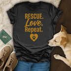 Black t-shirt with "Rescue. Love. Repeat." and a paw print heart.