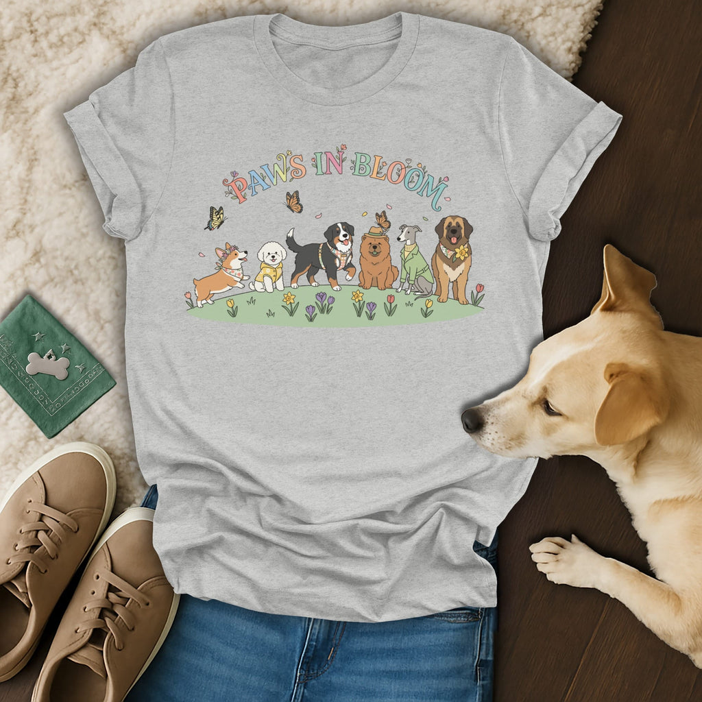 Grey t-shirt with "Paws In Bloom" text and cartoon dogs in a garden.