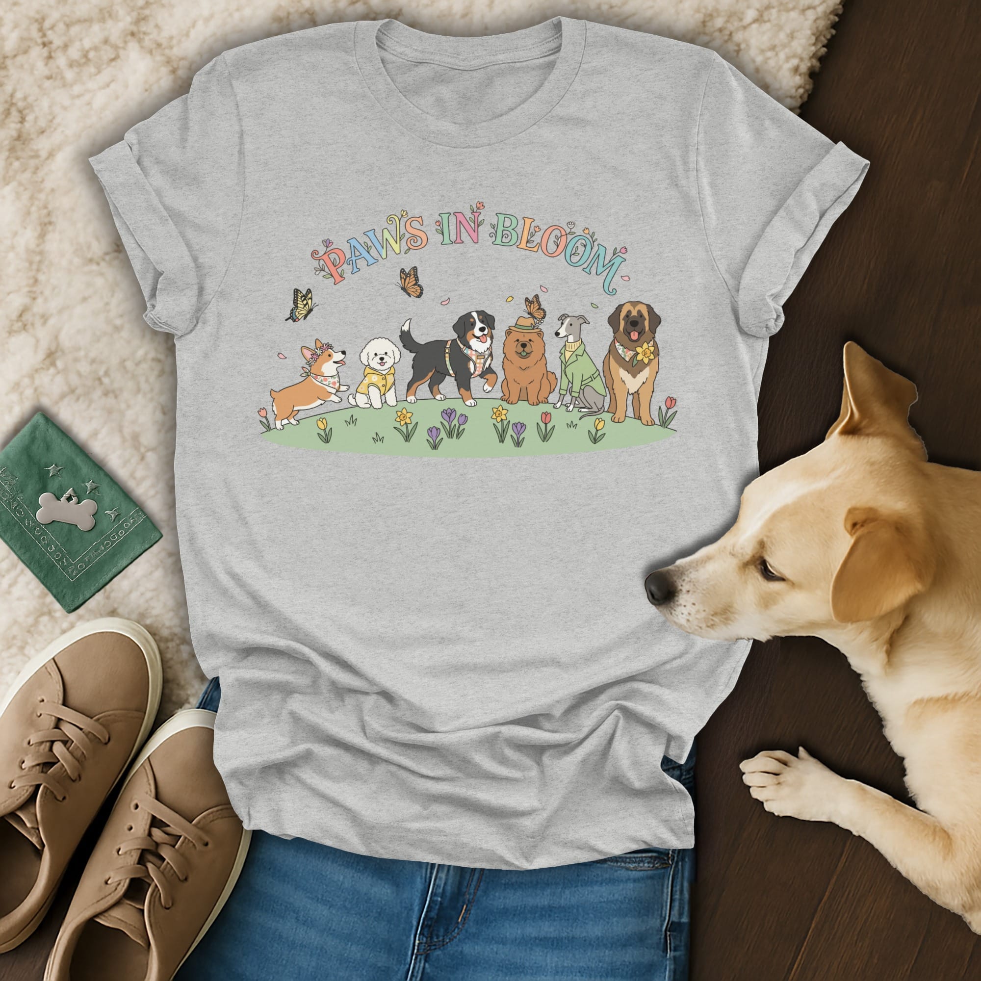Grey t-shirt with "Paws In Bloom" text and cartoon dogs in a garden.