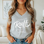 Grey v-neck t-shirt with white text "Ruff" and paw prints.
