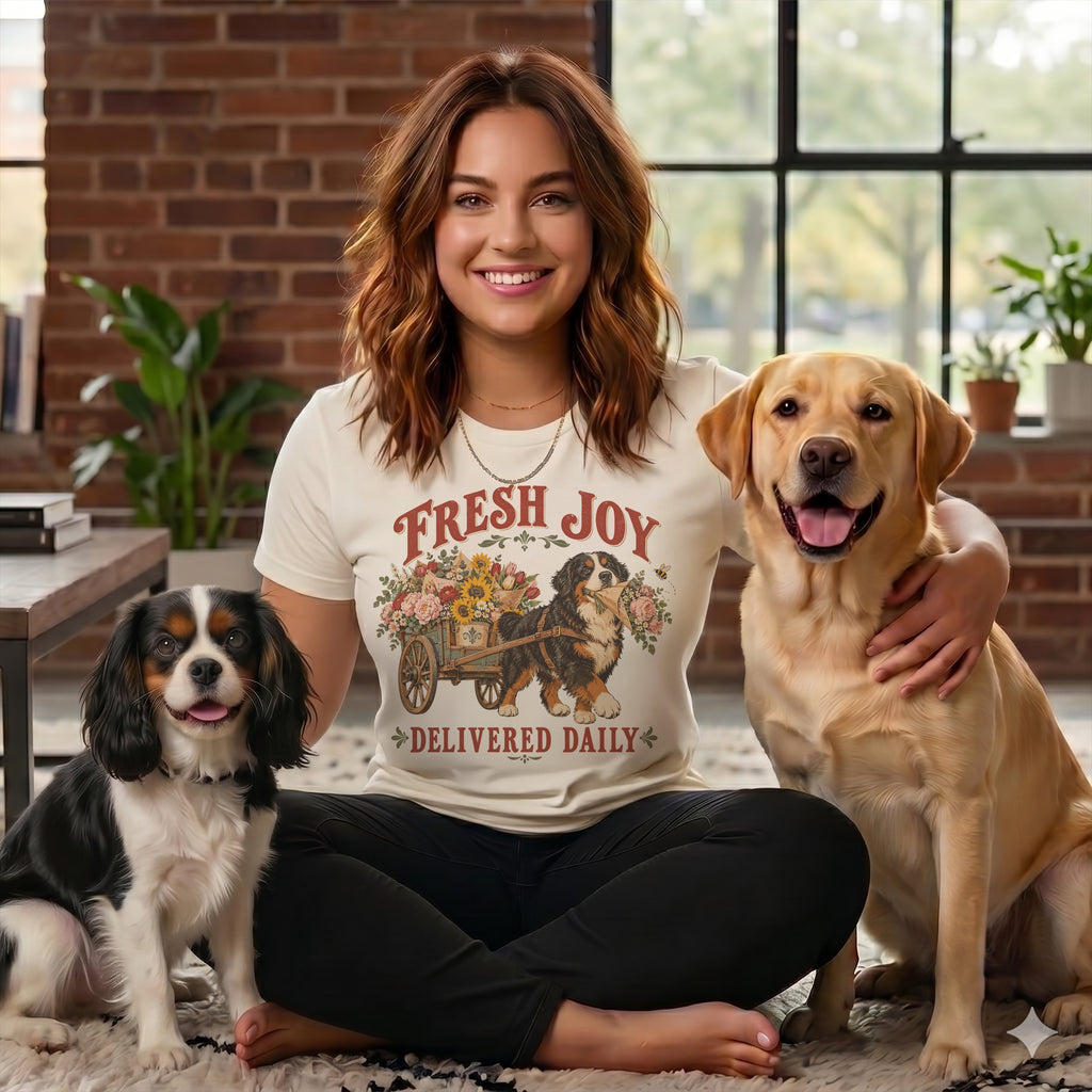 A smiling woman in a graphic t-shirt sits cross-legged between a Cavalier King Charles Spaniel and a Labrador Retriever.