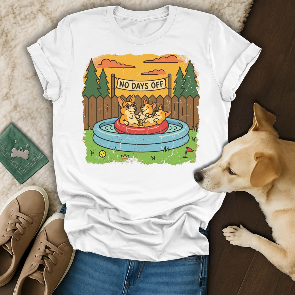 Corgis in a pool with "No Days Off" text.
