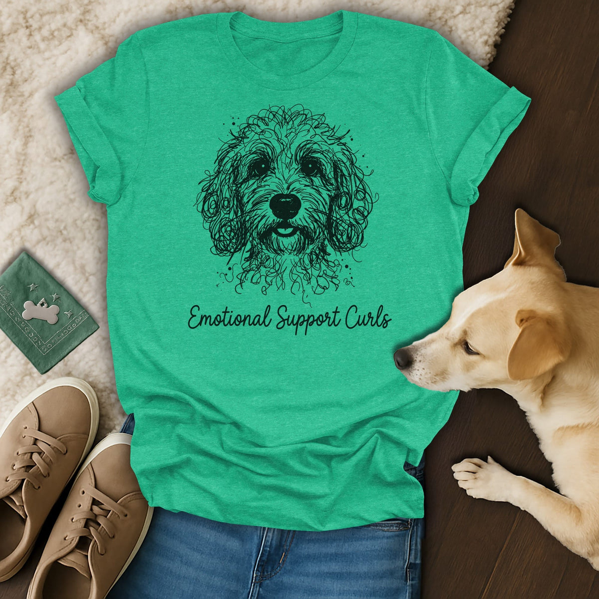 Green t-shirt with black doodle dog art and "Emotional Support Curls" text.