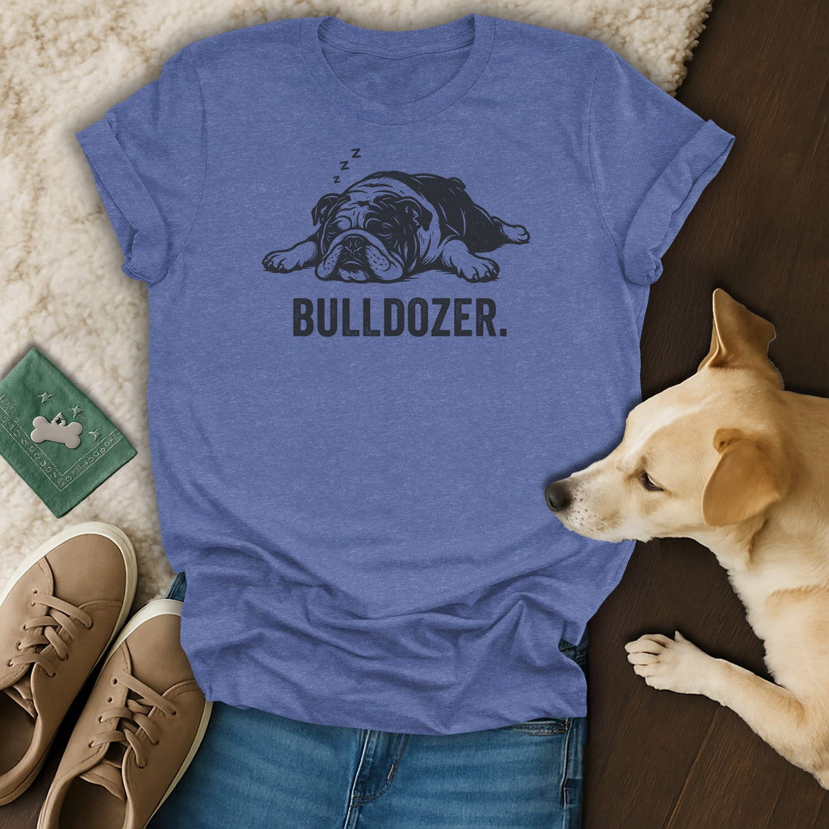 Blue t-shirt with sleeping bulldog graphic and "BULLDOZER." text.