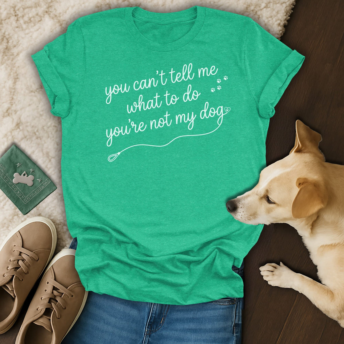 Green t-shirt with "you can't tell me what to do you're not my dog" text.