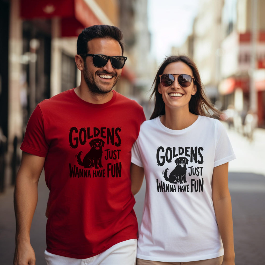 Couple wearing matching "Goldens Just Wanna Have Fun" t-shirts.