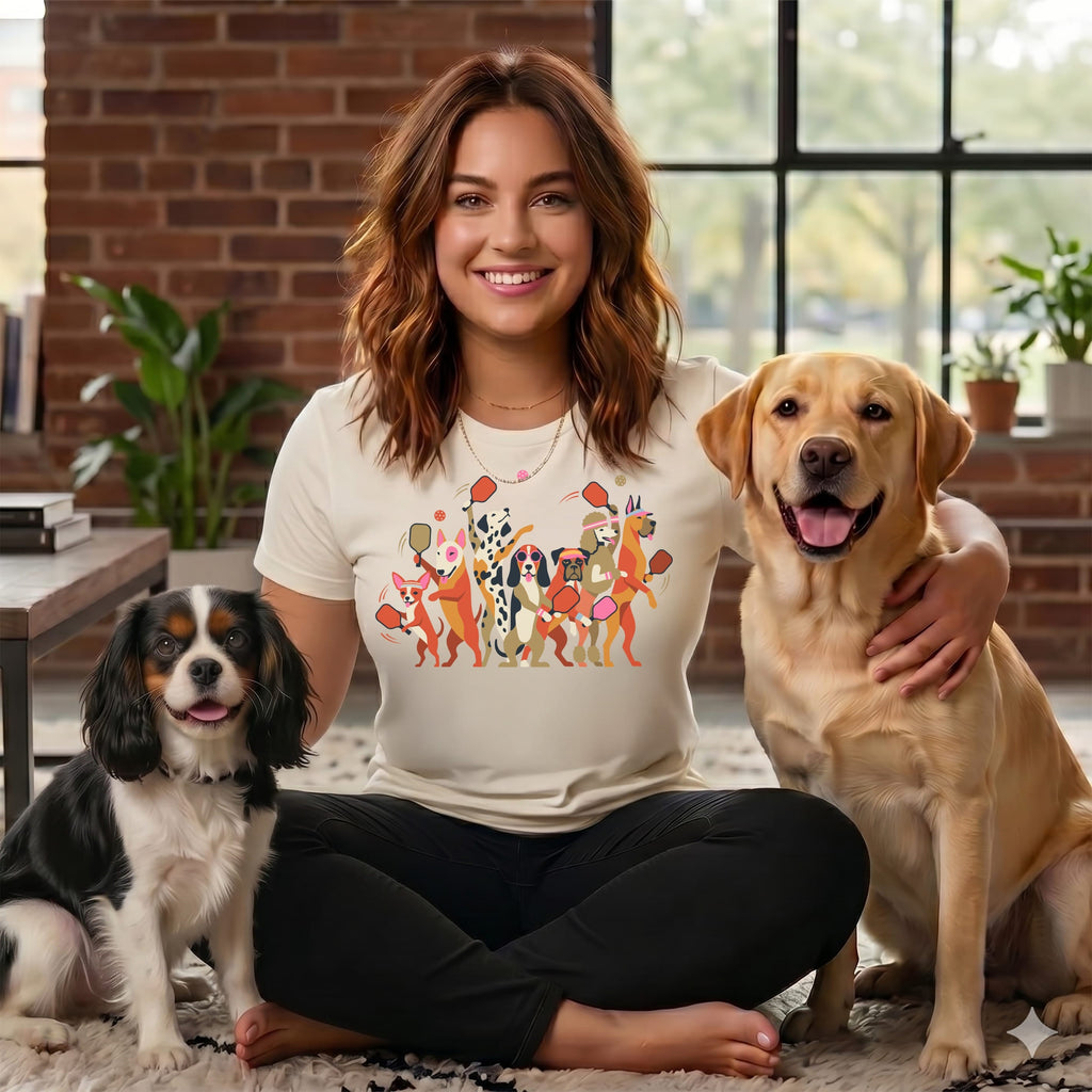 Woman in t-shirt with graphic of dogs playing pickleball, flanked by two dogs.