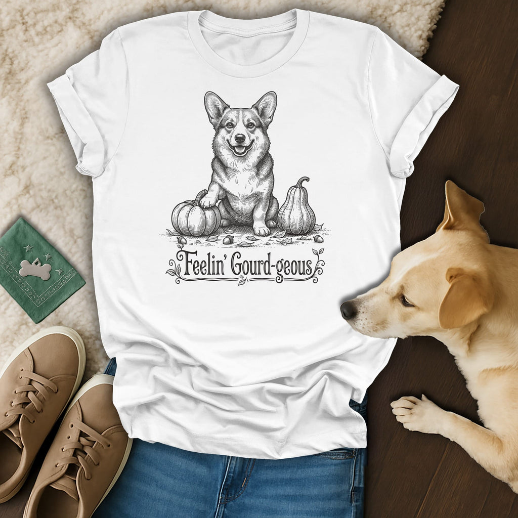White t-shirt with a drawing of a corgi sitting among pumpkins with text "Feelin' Gourd-geous."