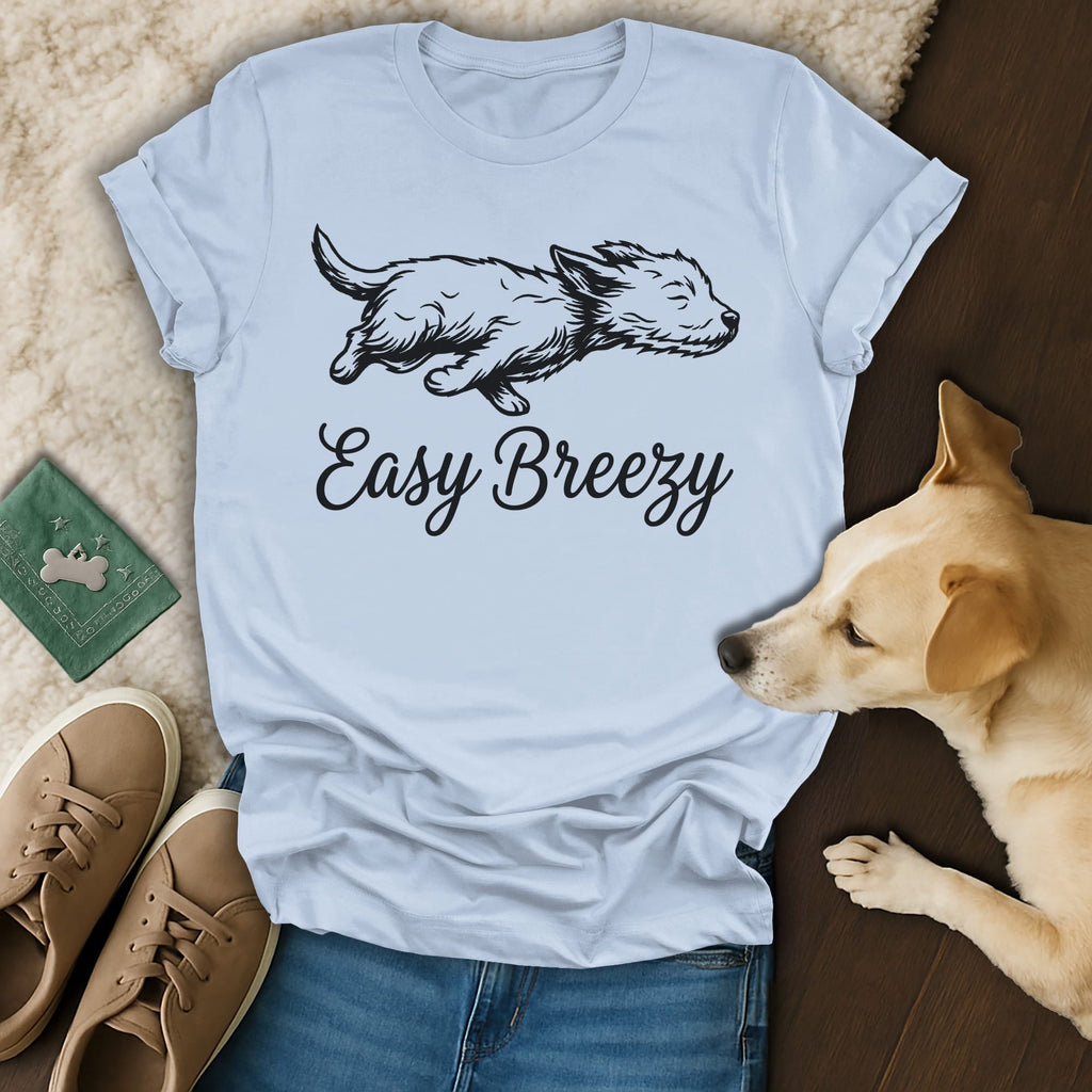 Light blue t-shirt with black dog graphic and "Easy Breezy" text.