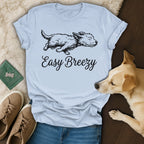 Light blue t-shirt with black dog graphic and "Easy Breezy" text.