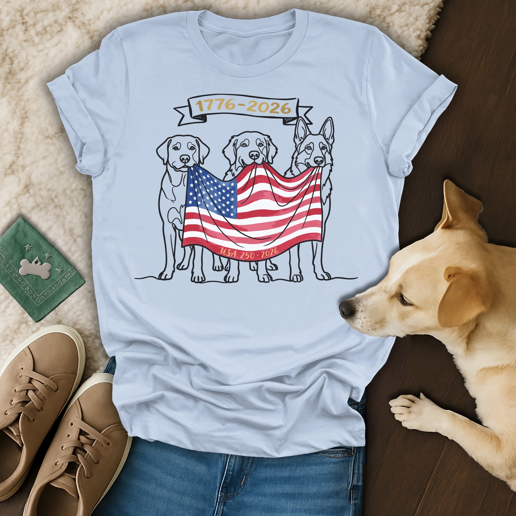 Three dogs holding a US flag with dates 1776-2026 and USA 250.