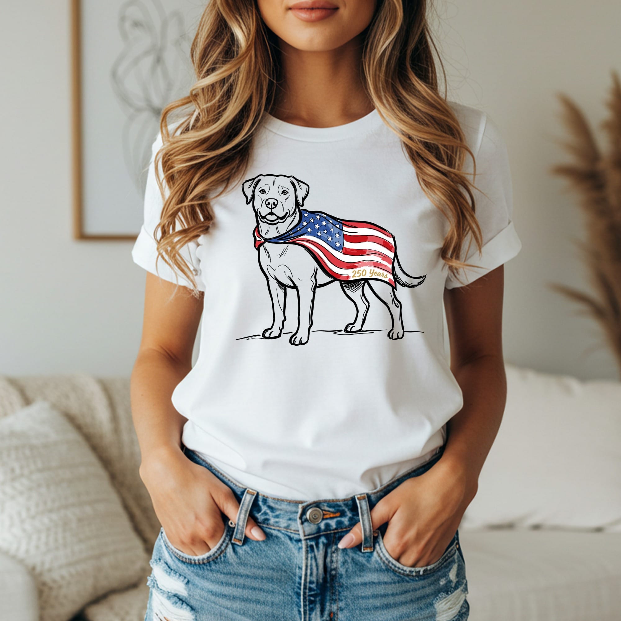 Dog wearing an American flag bandana with "250 years" text.