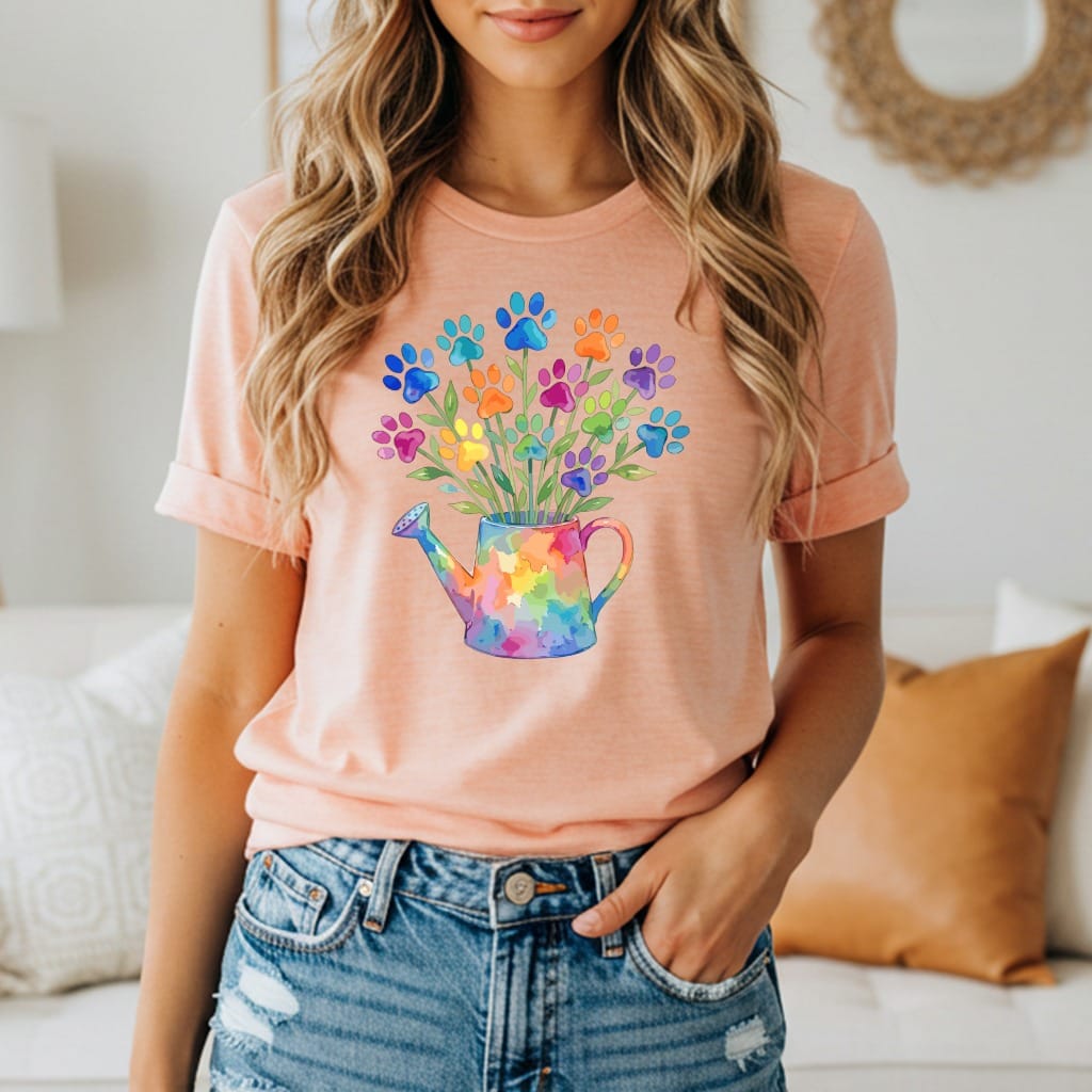 Peach t-shirt with colorful paw prints overflowing from a rainbow watering can.