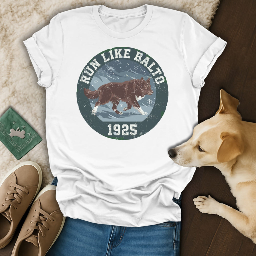 White t-shirt with "Run Like Balto 1925" text and husky image.