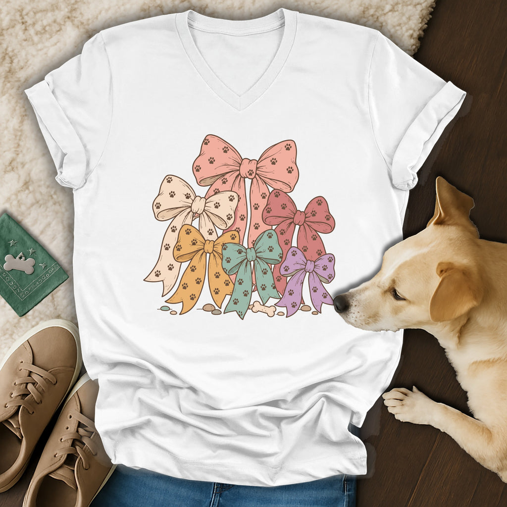 A white V-neck t-shirt featuring a pastel paw print bow graphic, displayed on a wooden surface with a dog.