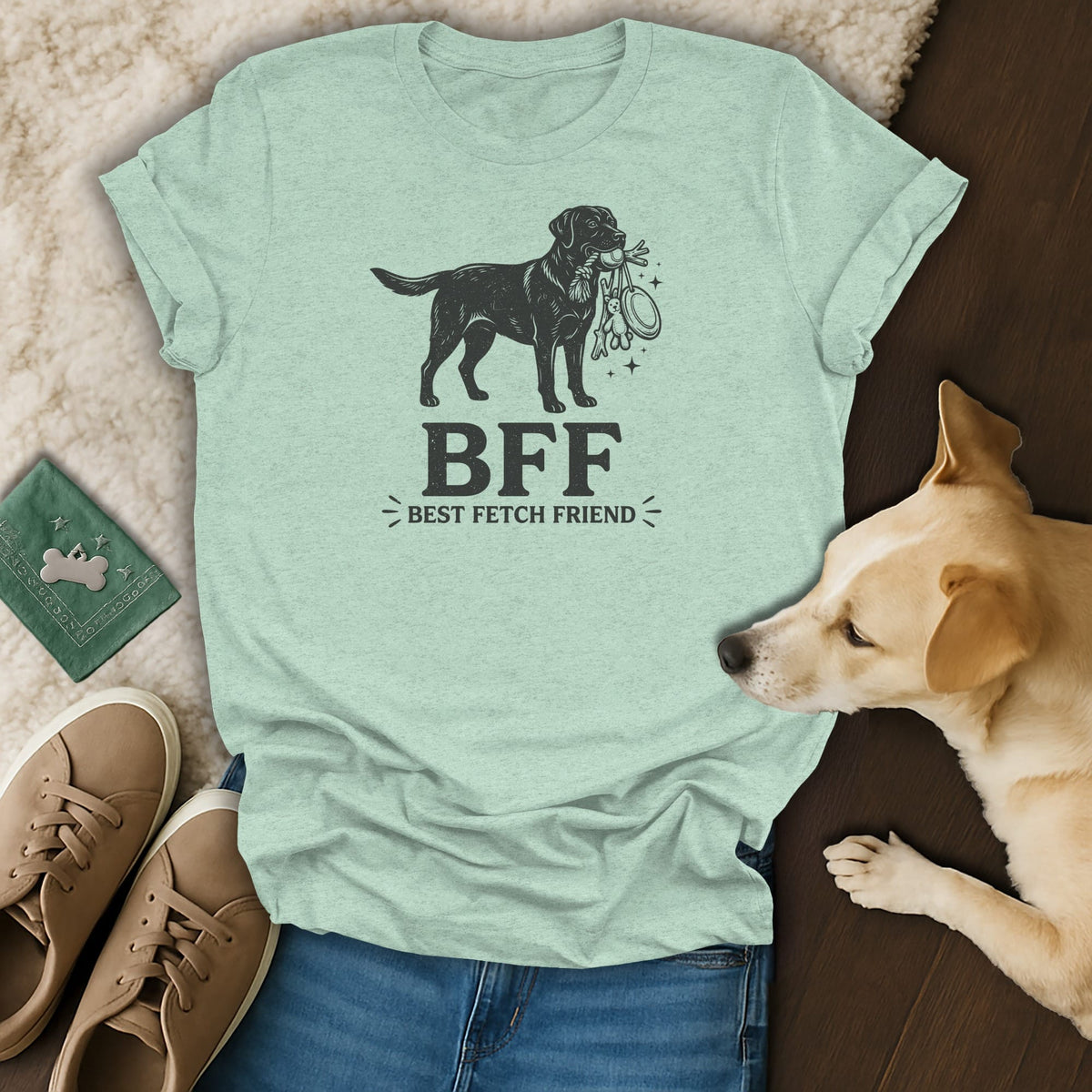 Light blue t-shirt with a black lab holding toys and text "BFF Best Fetch Friend".