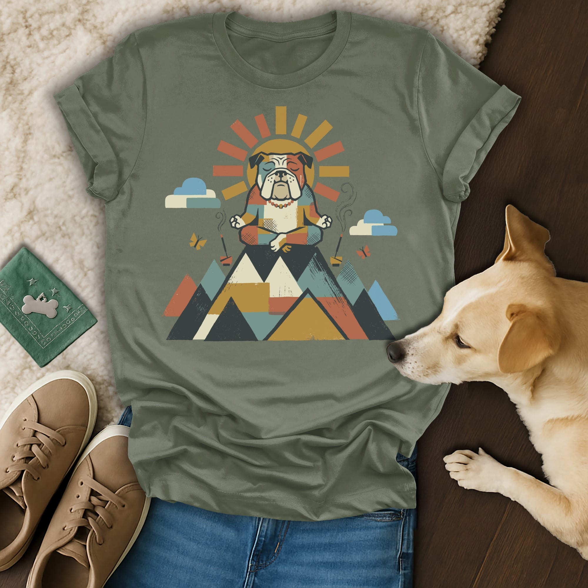 Bulldog meditating on mountain top with sun and clouds design.