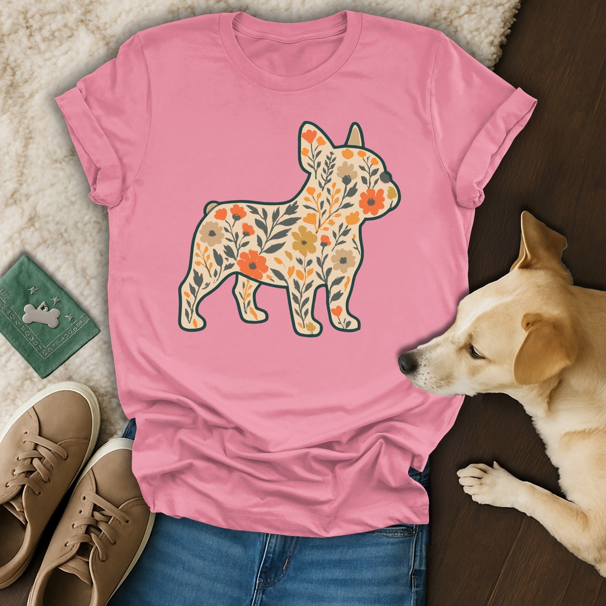Colorful Bulldog Floral Design Graphic Tee Shirt