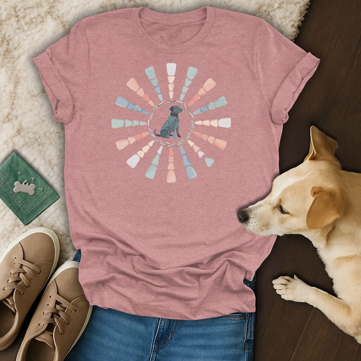 Pink t-shirt with a gray dog silhouette in a radial, geometric design.