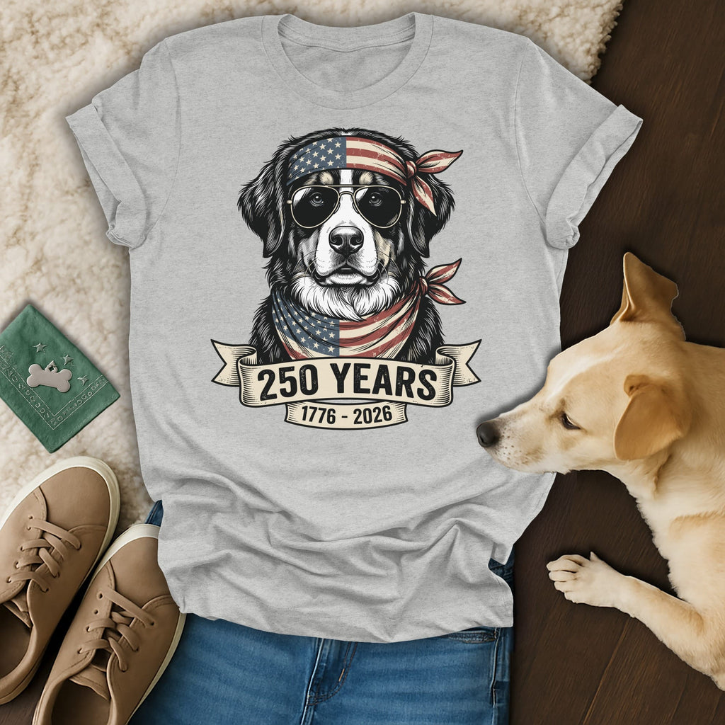 T-shirt featuring a dog wearing sunglasses and a bandana, "250 Years 1776-2026" text.