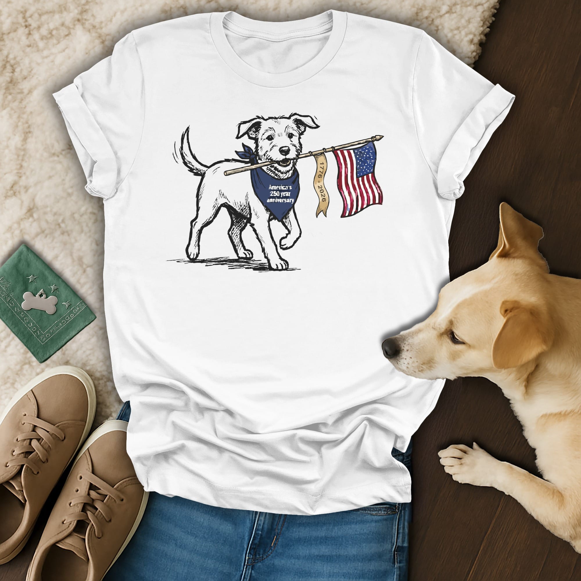 Dog holding American flag on a white t-shirt.
