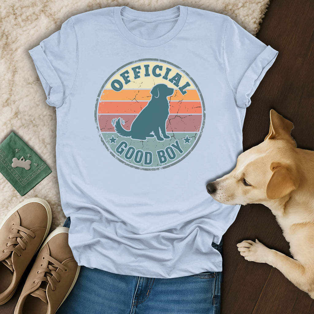 Light blue t-shirt with "Official Good Boy" text and dog silhouette graphic.