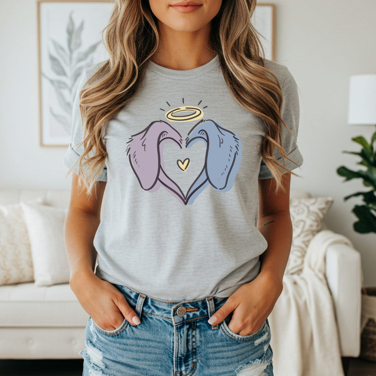 Grey t-shirt with purple and blue elephant ears forming a heart with a halo.