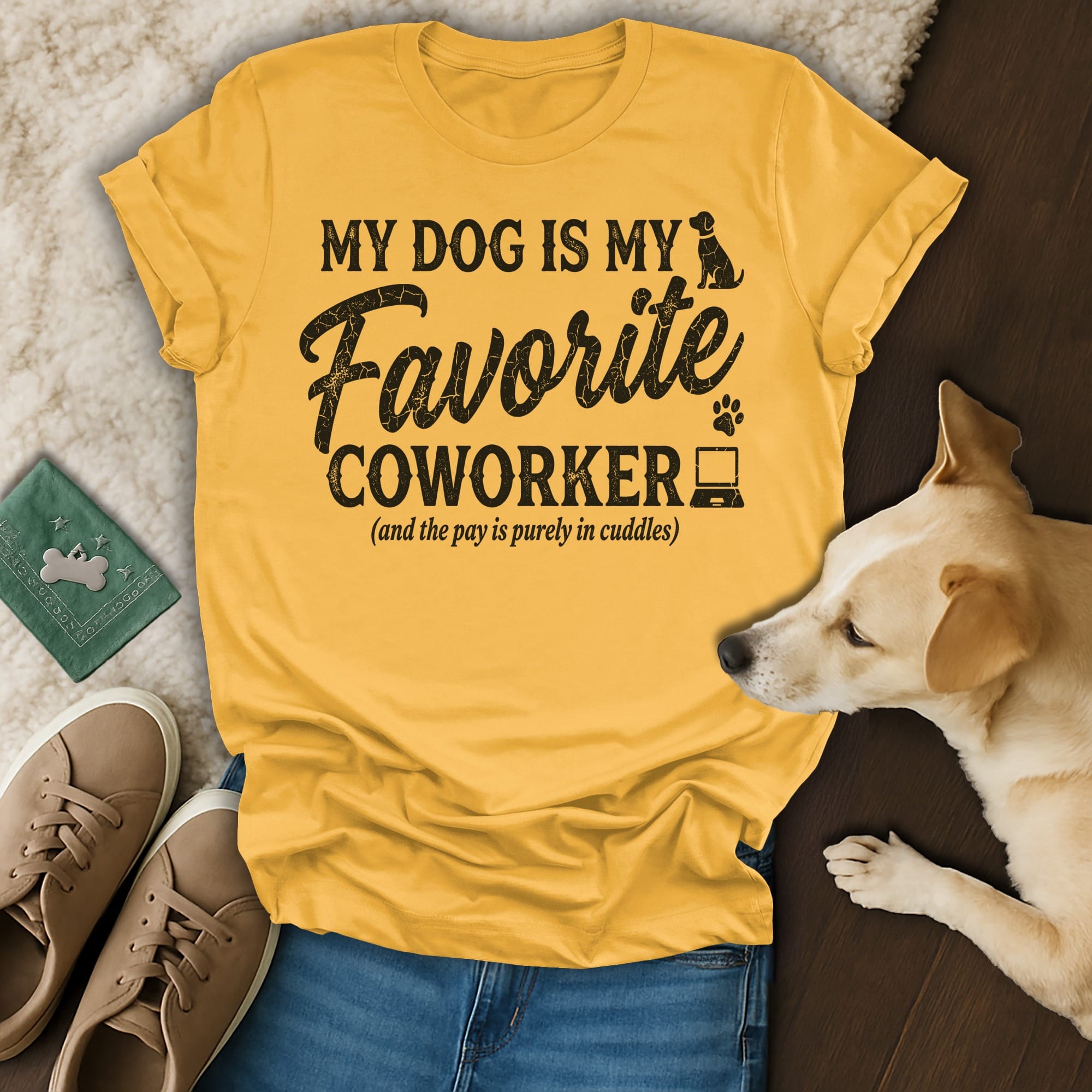 Yellow t-shirt with "My dog is my favorite coworker" and paw print graphic.